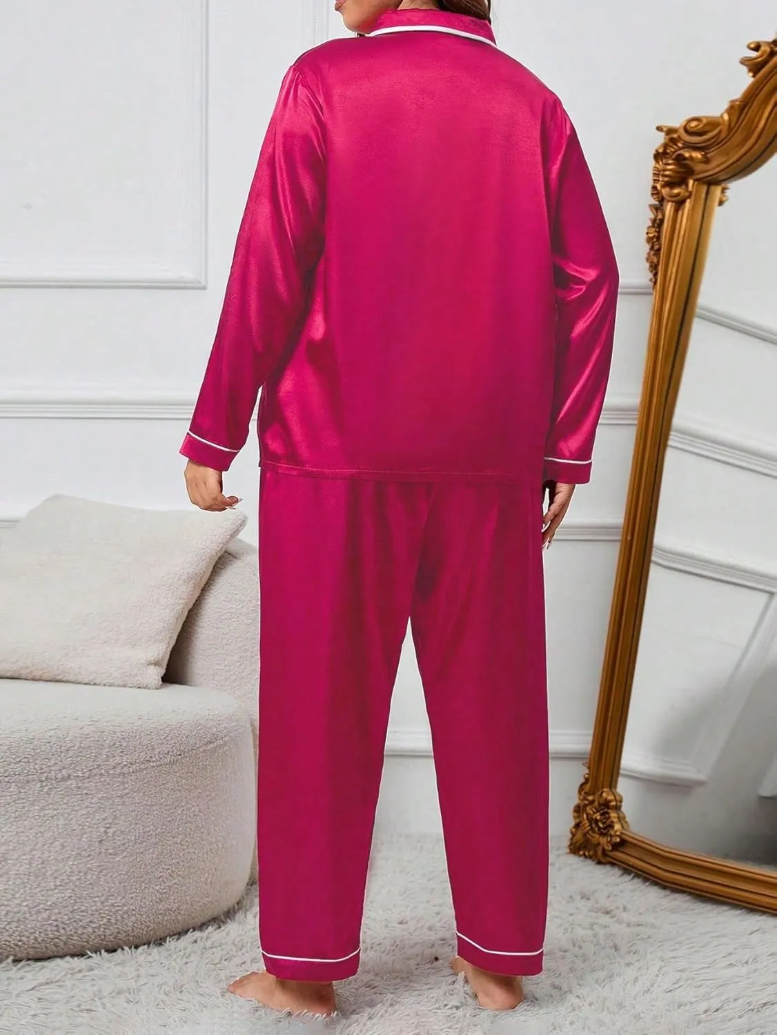 WDIRARA Women's Plus Size Sleepwear Satin Long Sleeve Shirt and Pants Pajama Set