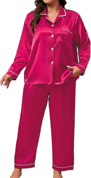 WDIRARA Women's Plus Size Sleepwear Satin Long Sleeve Shirt and Pants Pajama Set