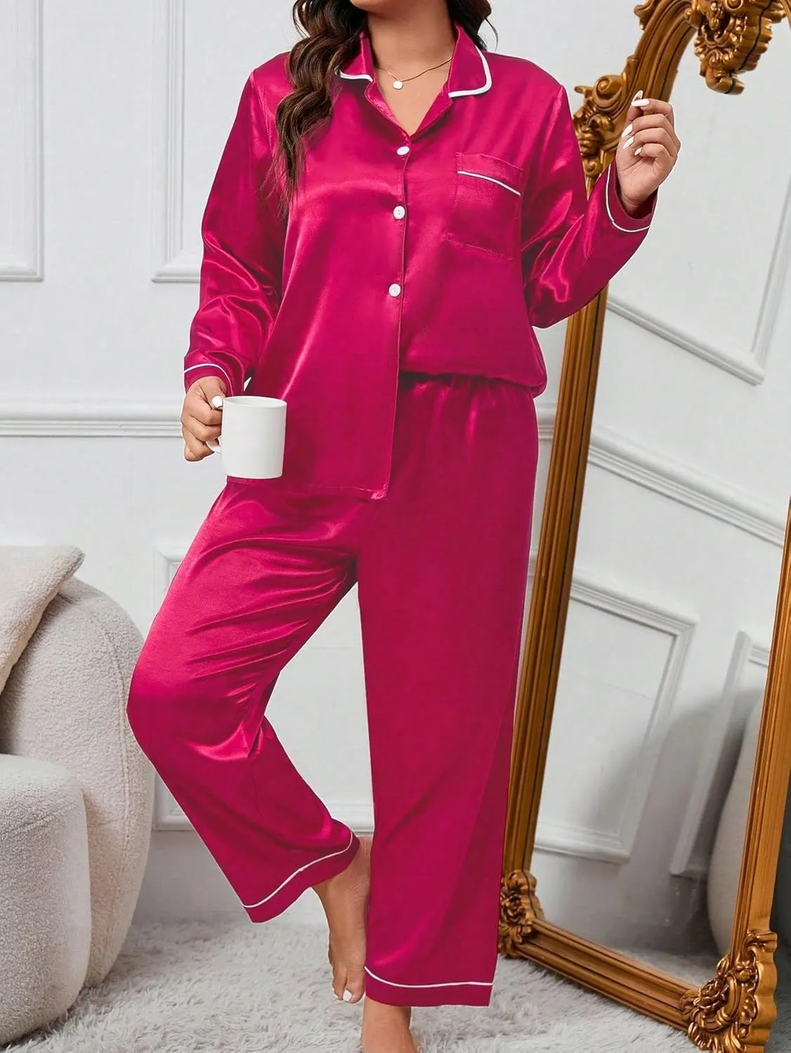 WDIRARA Women's Plus Size Sleepwear Satin Long Sleeve Shirt and Pants Pajama Set