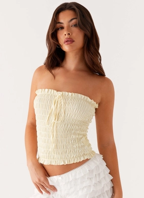 Wear Resistant Fabric Blends Cordelia Shirred Tube Top - Lemon VNeckReinforcement Cordelia Shirred Tube Top - Lemon