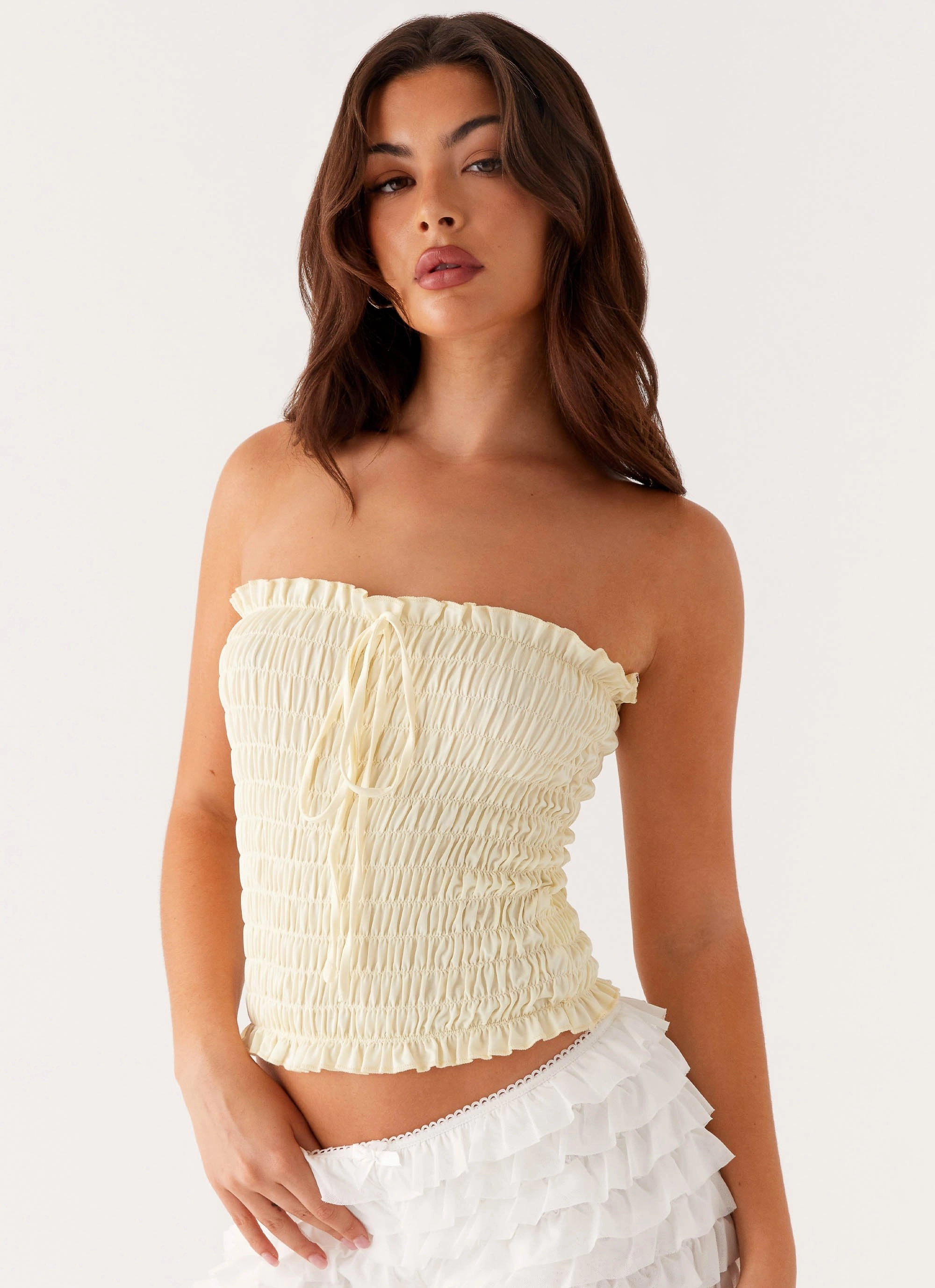 VNeckReinforcement Cordelia Shirred Tube Top - Lemon