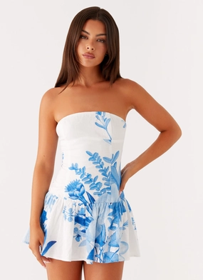 Celebrity-Inspired Minimalist Elegance Mario Mini Dress - Blue Floral Print