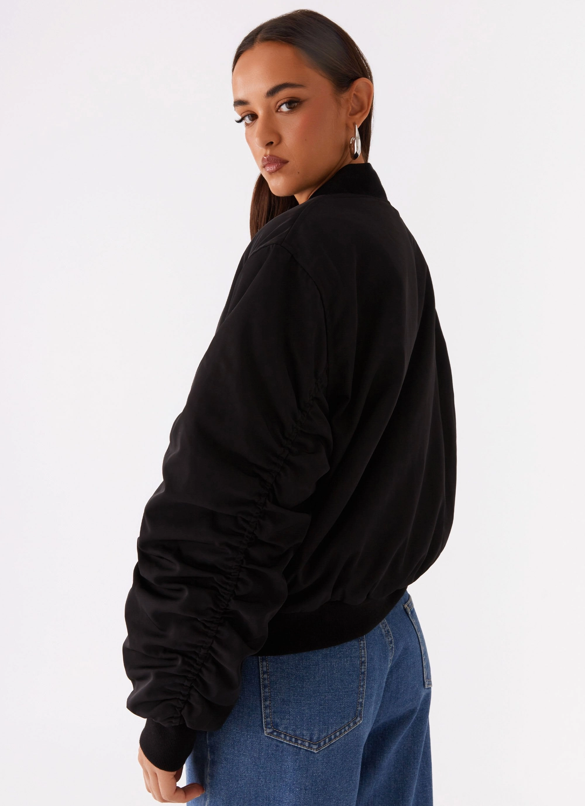 Knee Length Eco Friendly Dyed Fabric Webster Bomber Jacket - Black
