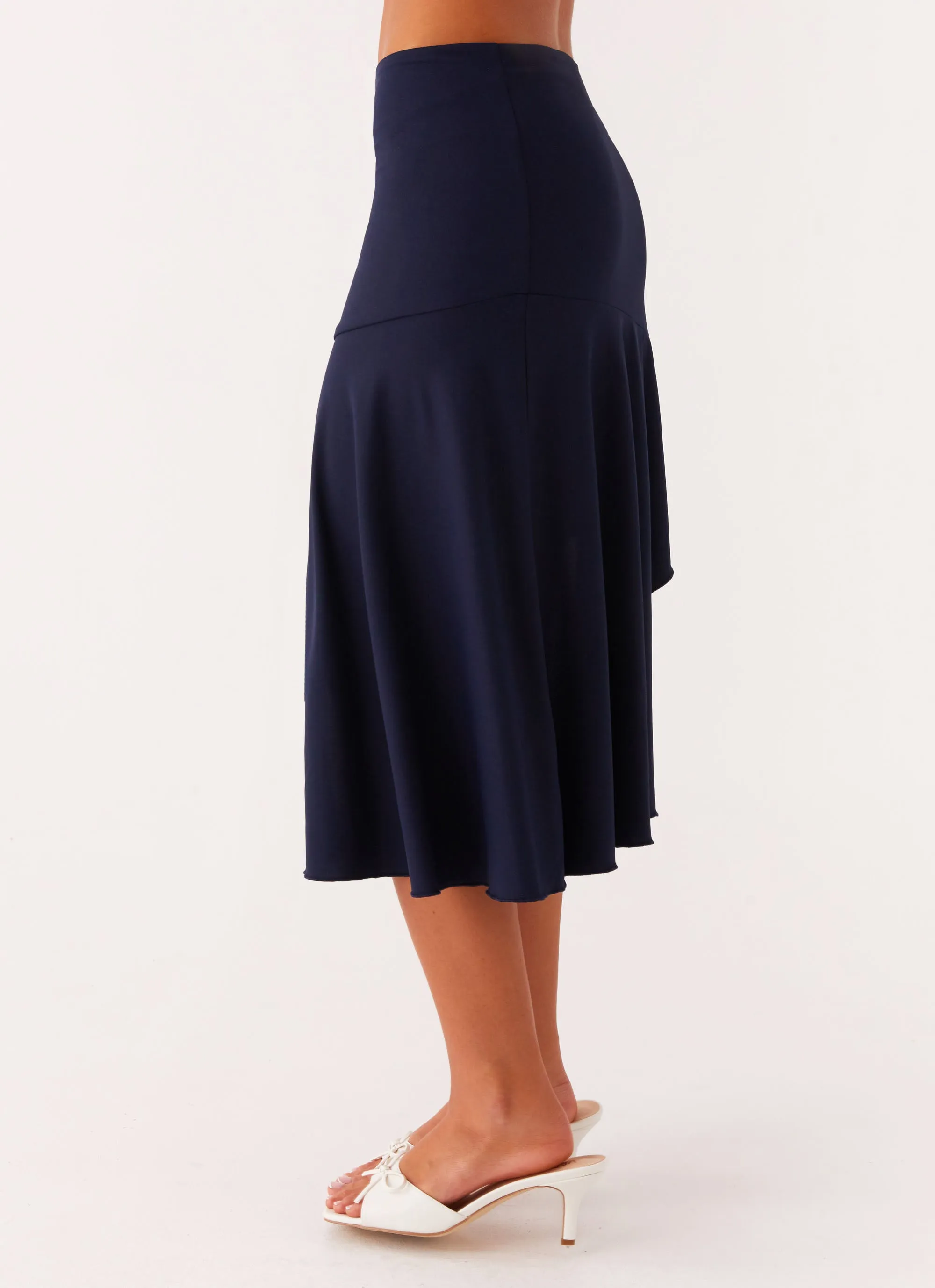 Viola Midi Skirt - Navy Tiered Design Frayed Finish