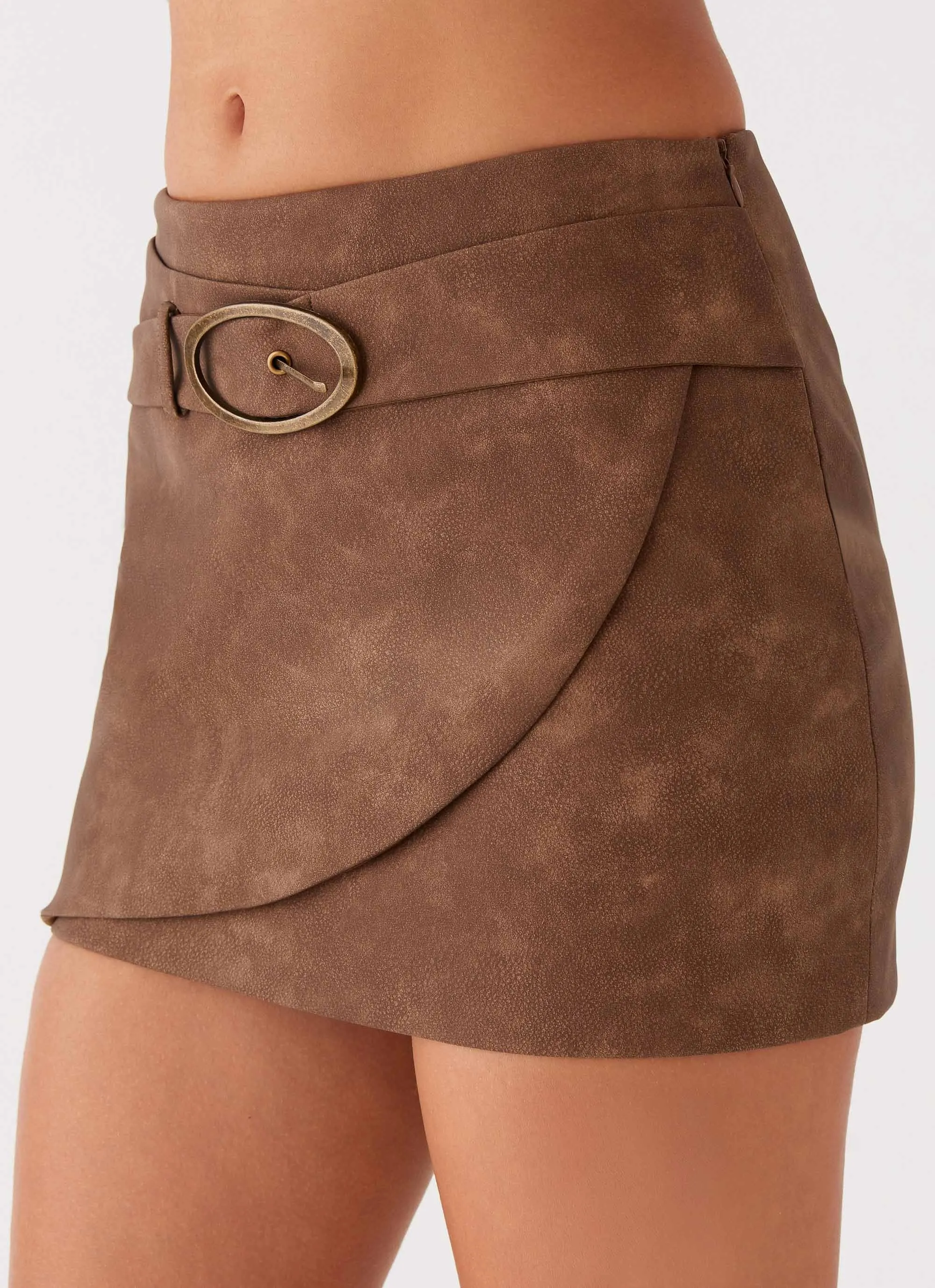 Easy Movement Non Slip Waist West District PU Mini Skirt - Brown