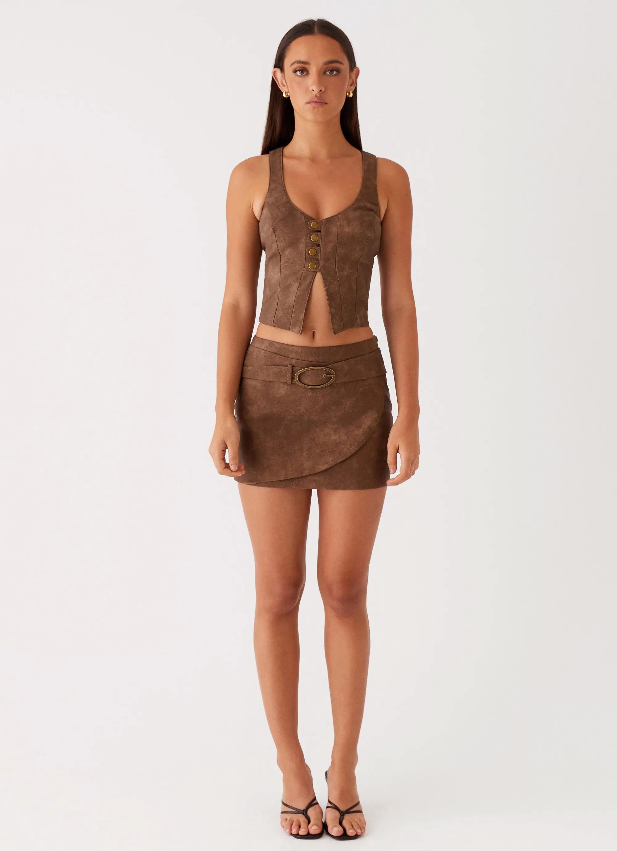 Tonal Look West District PU Mini Skirt - Brown