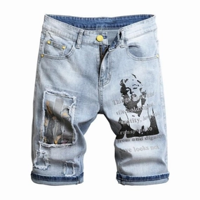 West Louis? Marilyn Monroe Print Youth Denim Shorts West Louis? Marilyn Monroe Print Youth Denim Shorts