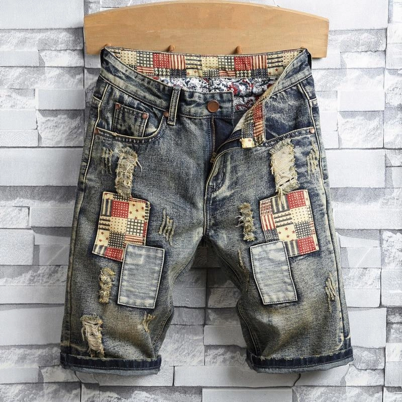 West Louis? Ripped Patch Streetwear Retro Denim Shorts