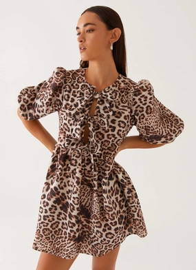 Western Wind Tie Mini Dress - Leopard elegant design Western Wind Tie Mini Dress - Leopard Warm Undertone Family Vibe