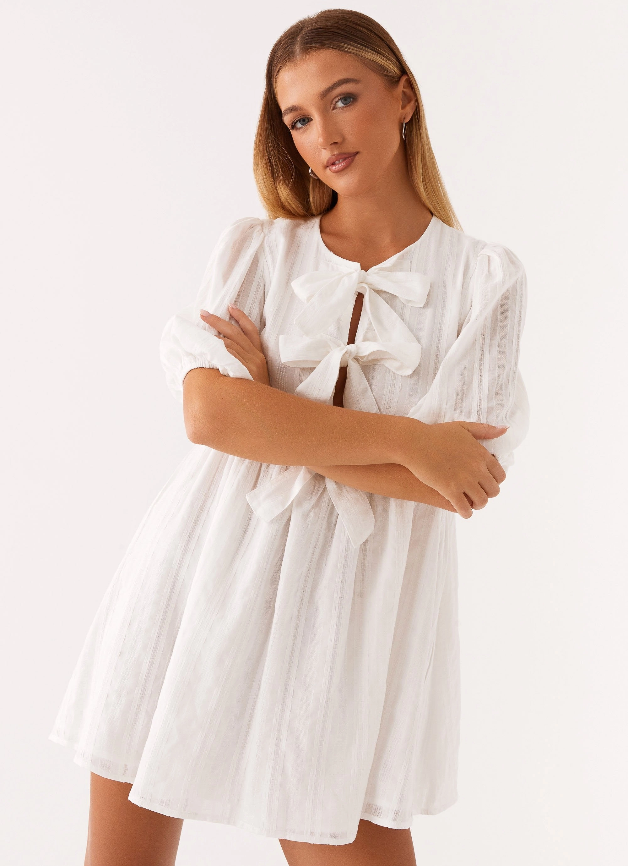 Western Wind Tie Mini Dress - White Tailored Style