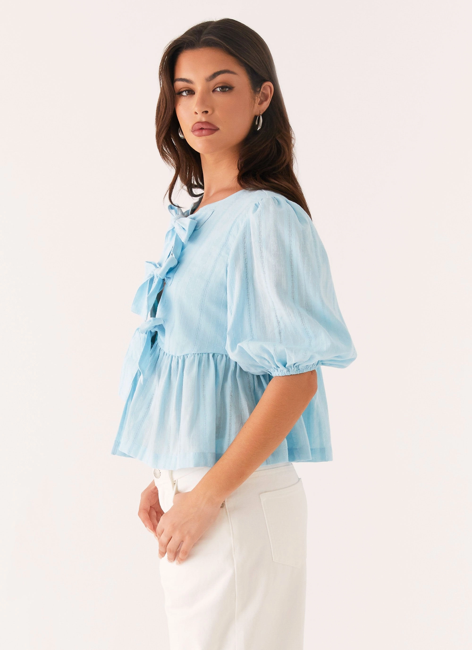 Western Wind Tie Top - Blue Drop Shoulder Silhouette