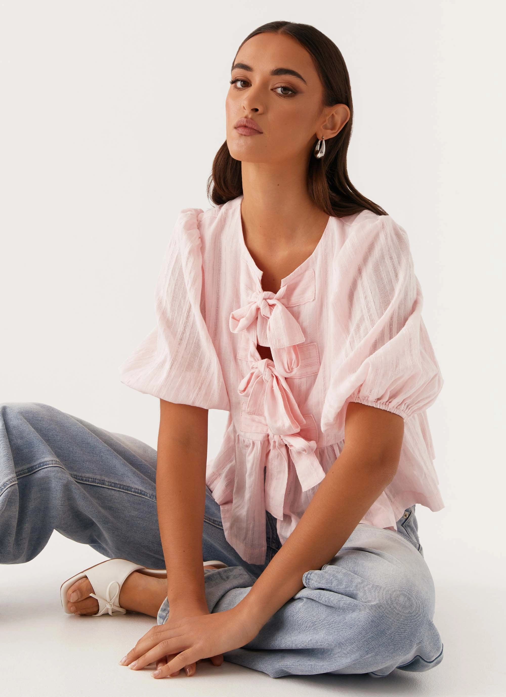 Adjustable Hem Cuff Western Wind Tie Top - Pink