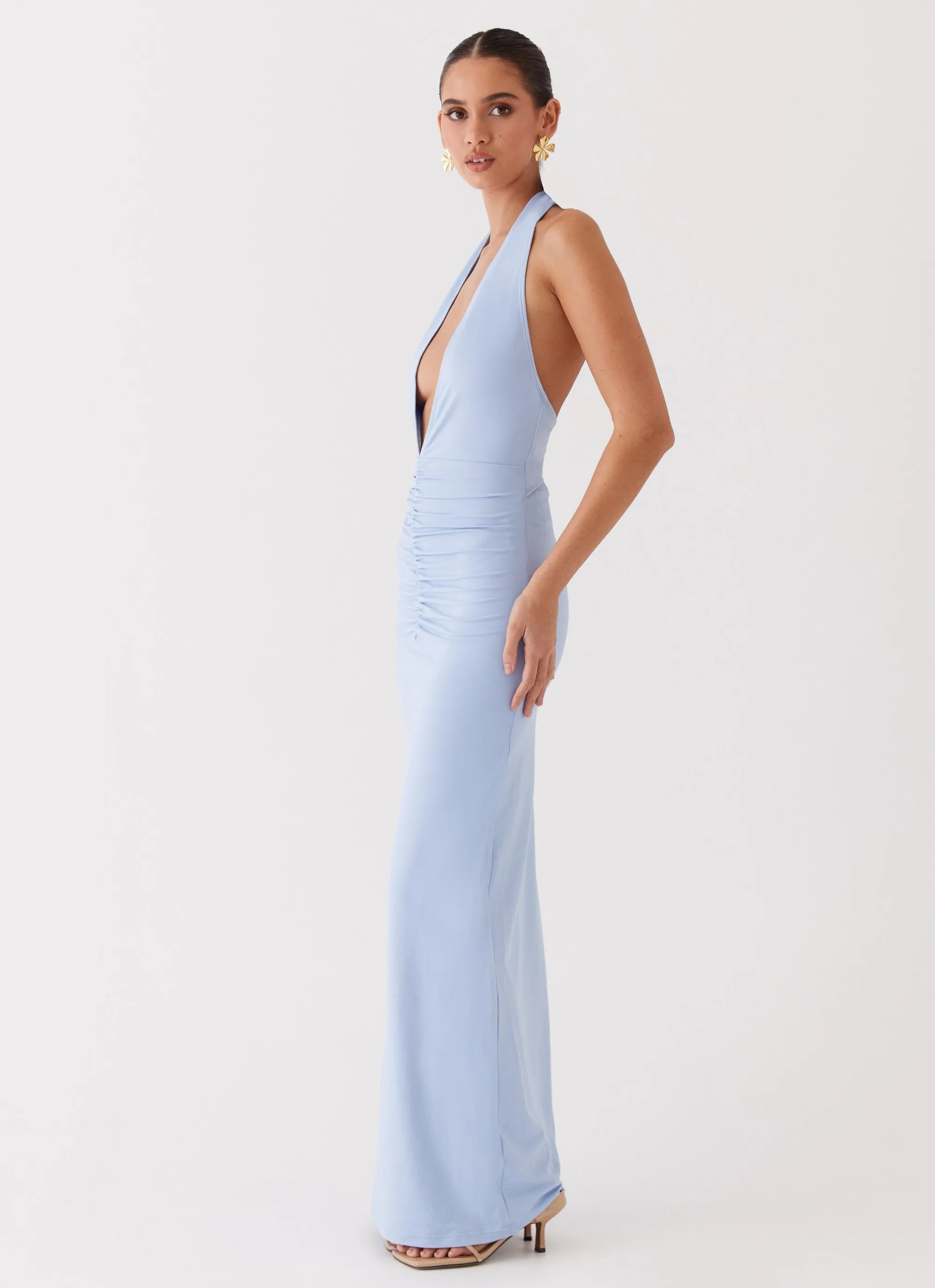 Whisked Away Halterneck Maxi Dress - Blue Polo Style V-Neck