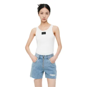 White Customized Inverted Triangle Buckle Rib Tank Top