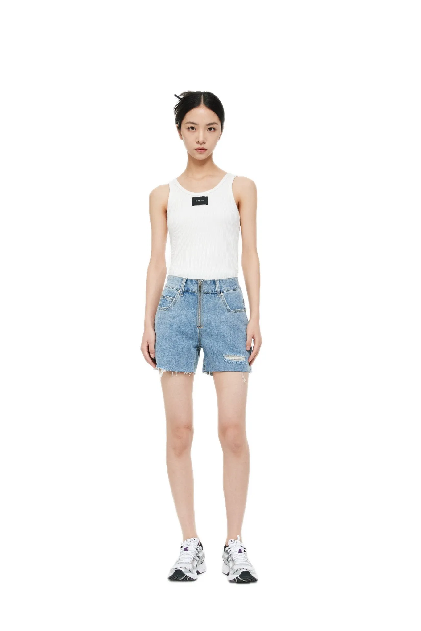 White Customized Inverted Triangle Buckle Rib Tank Top