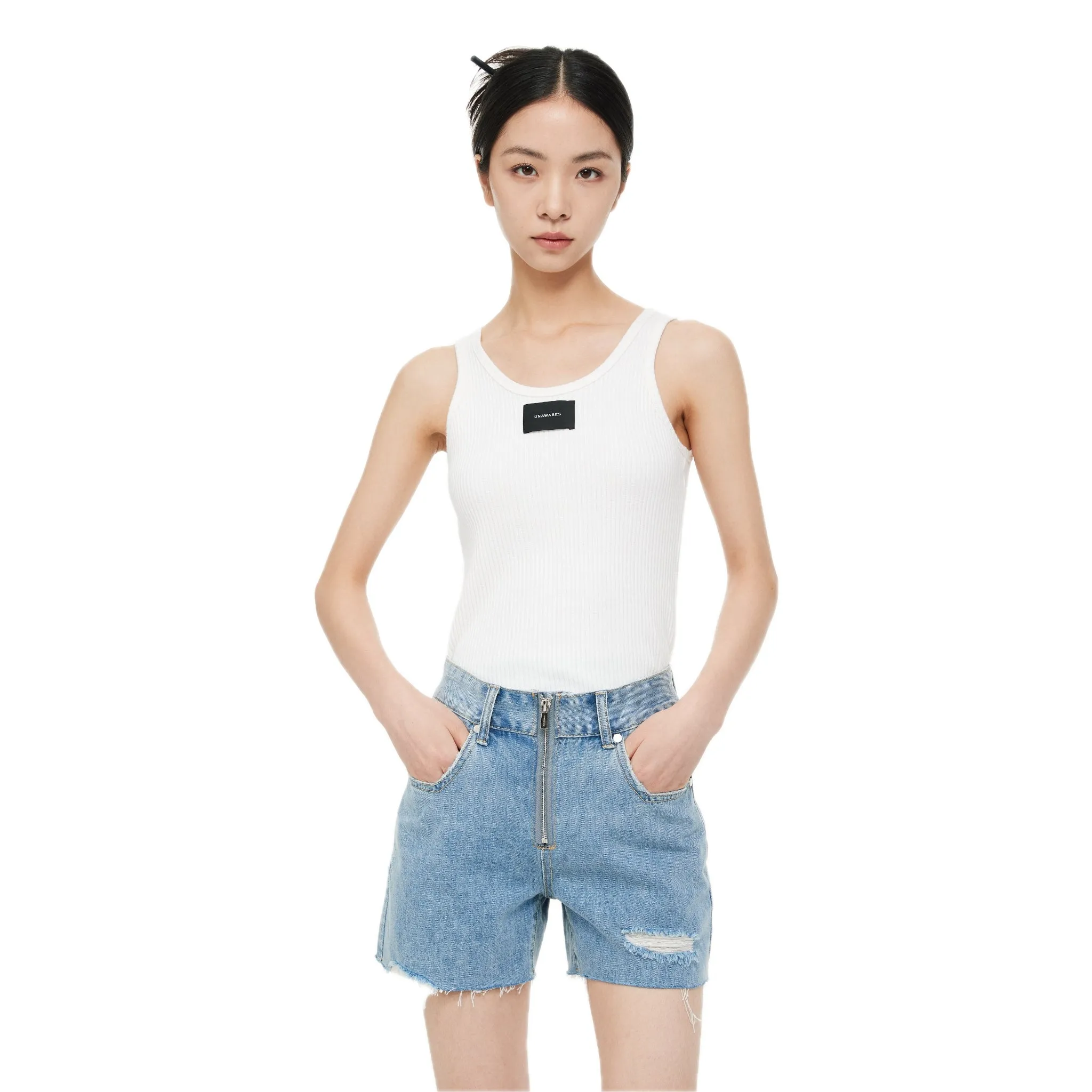 White Customized Inverted Triangle Buckle Rib Tank Top
