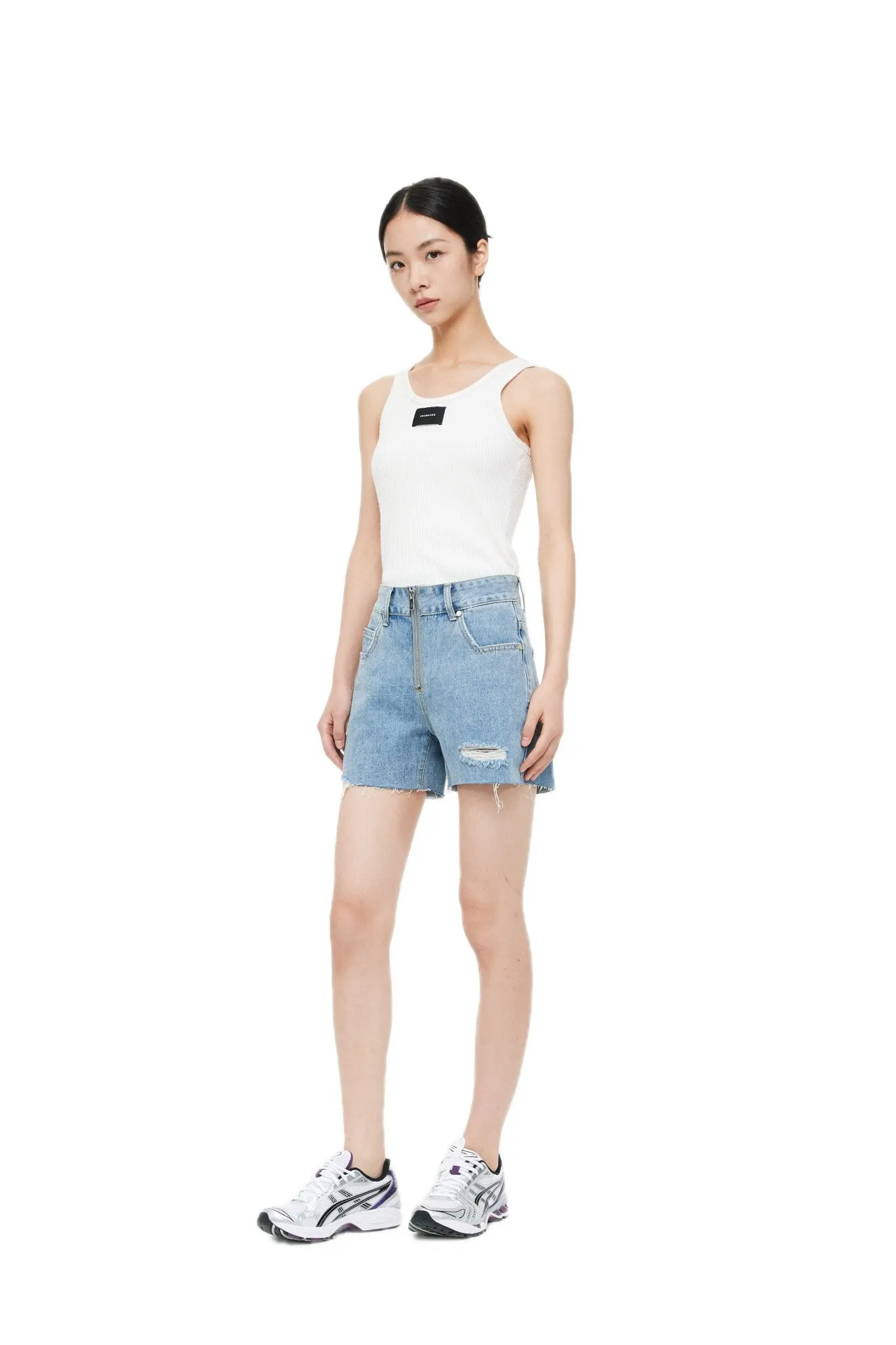 White Customized Inverted Triangle Buckle Rib Tank Top