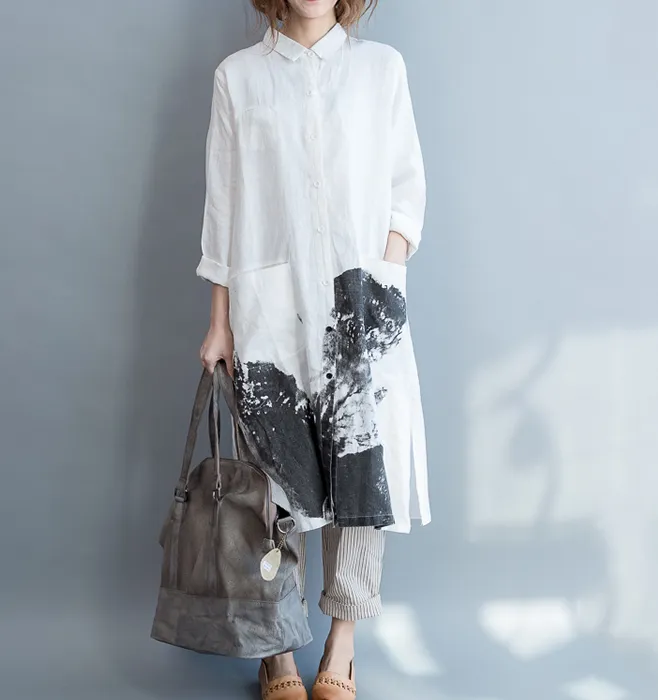 White Plus Size Shirts Women Dresses Casual Loose Print Women Dresses SSM97215