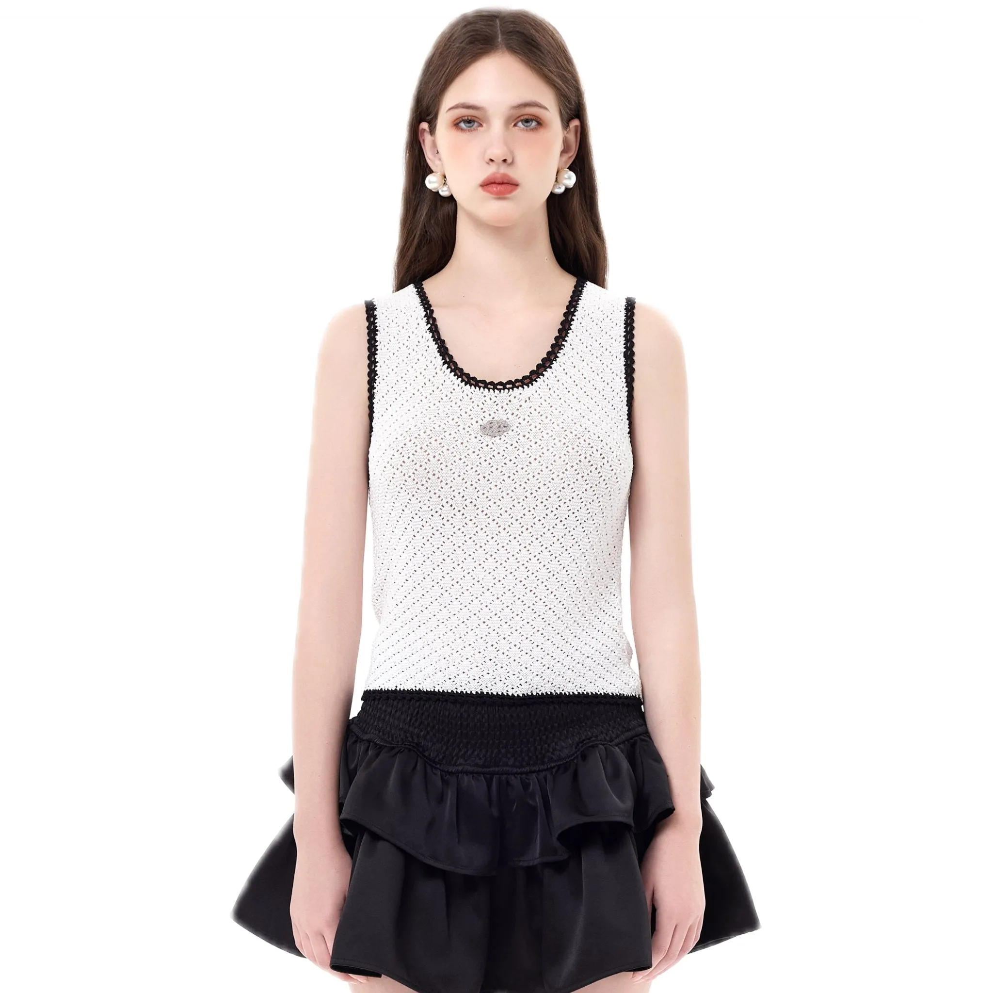 White Skeleton Crochet Colorblocked Tank Top
