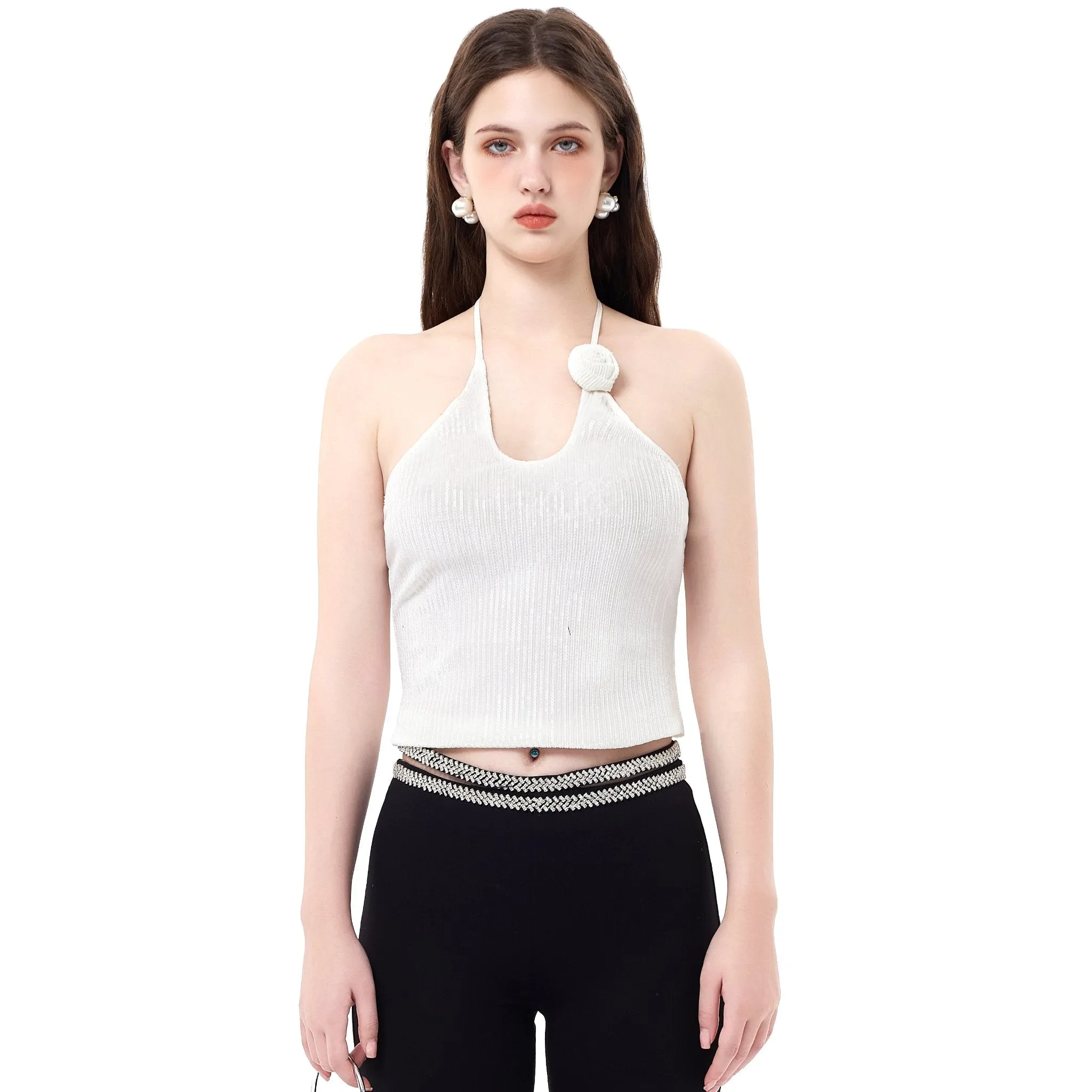 White Three-dimensional Flower Sequins Hanging Neck Camisole