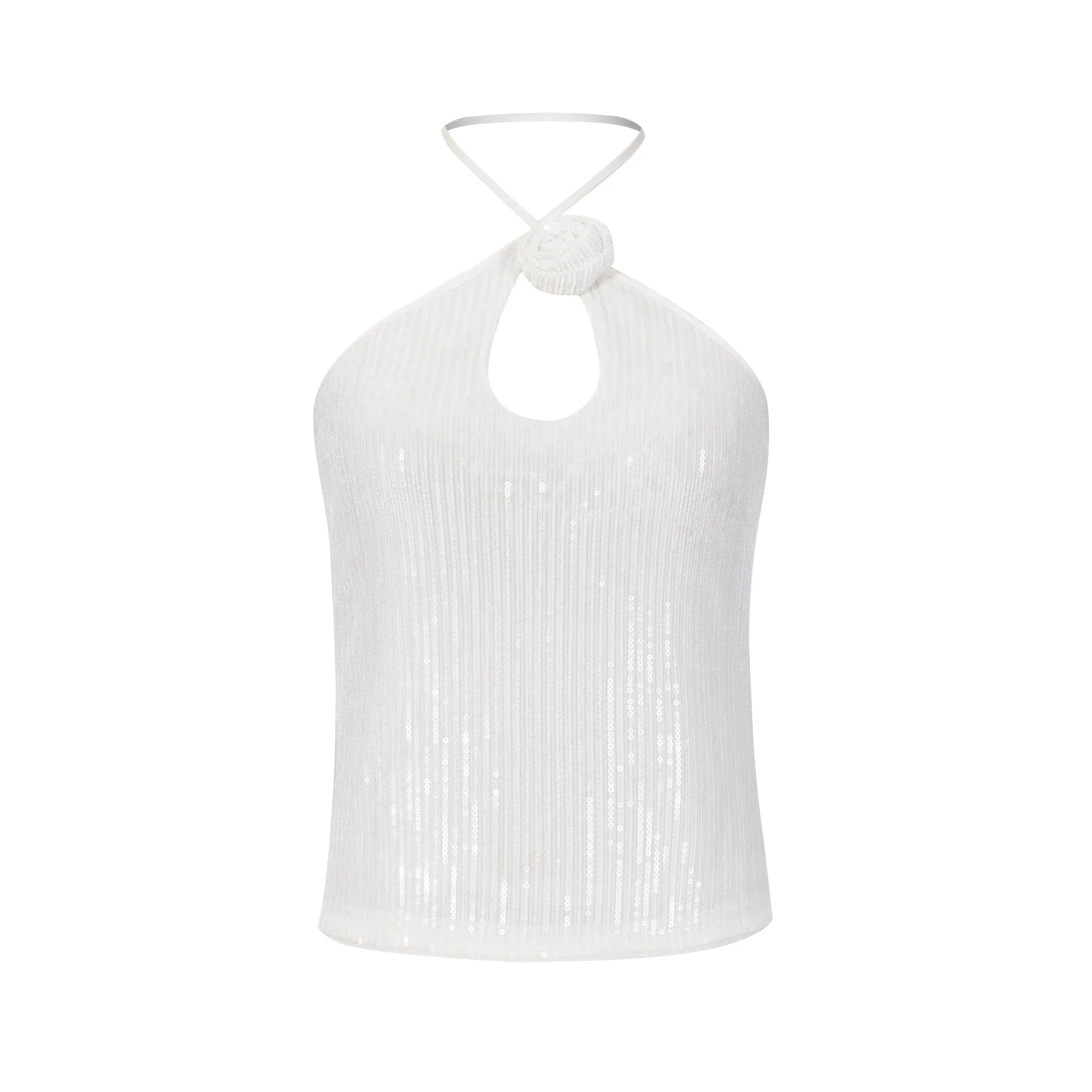 White Three-dimensional Flower Sequins Hanging Neck Camisole