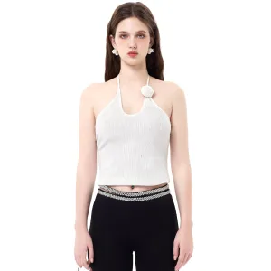 White Three-dimensional Flower Sequins Hanging Neck Camisole