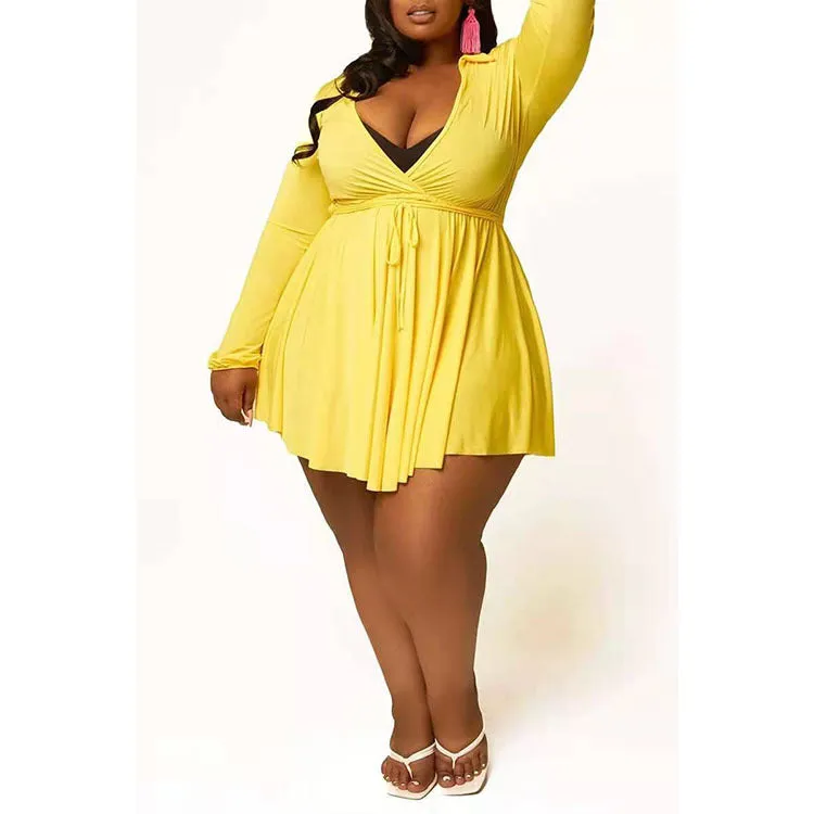 Wholesale Plus Size Clothing Long Sleeve Tied Lapel Knit Dress