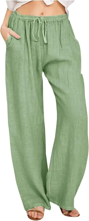 Wide Leg Palazzo Pants for Women Elastic Waist Lightweight Linen Pants Loose Fit Summer Beach Outfit with Pockets