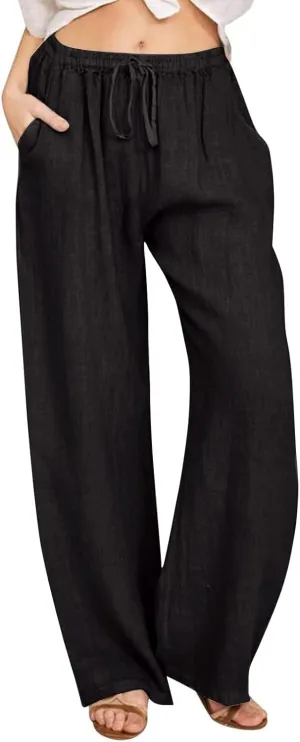 Wide Leg Palazzo Pants for Women Elastic Waist Lightweight Linen Pants Loose Fit Summer Beach Outfit with Pockets