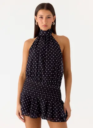 Low Maintenance Willow Chiffon Mini Dress - Black Polkadot