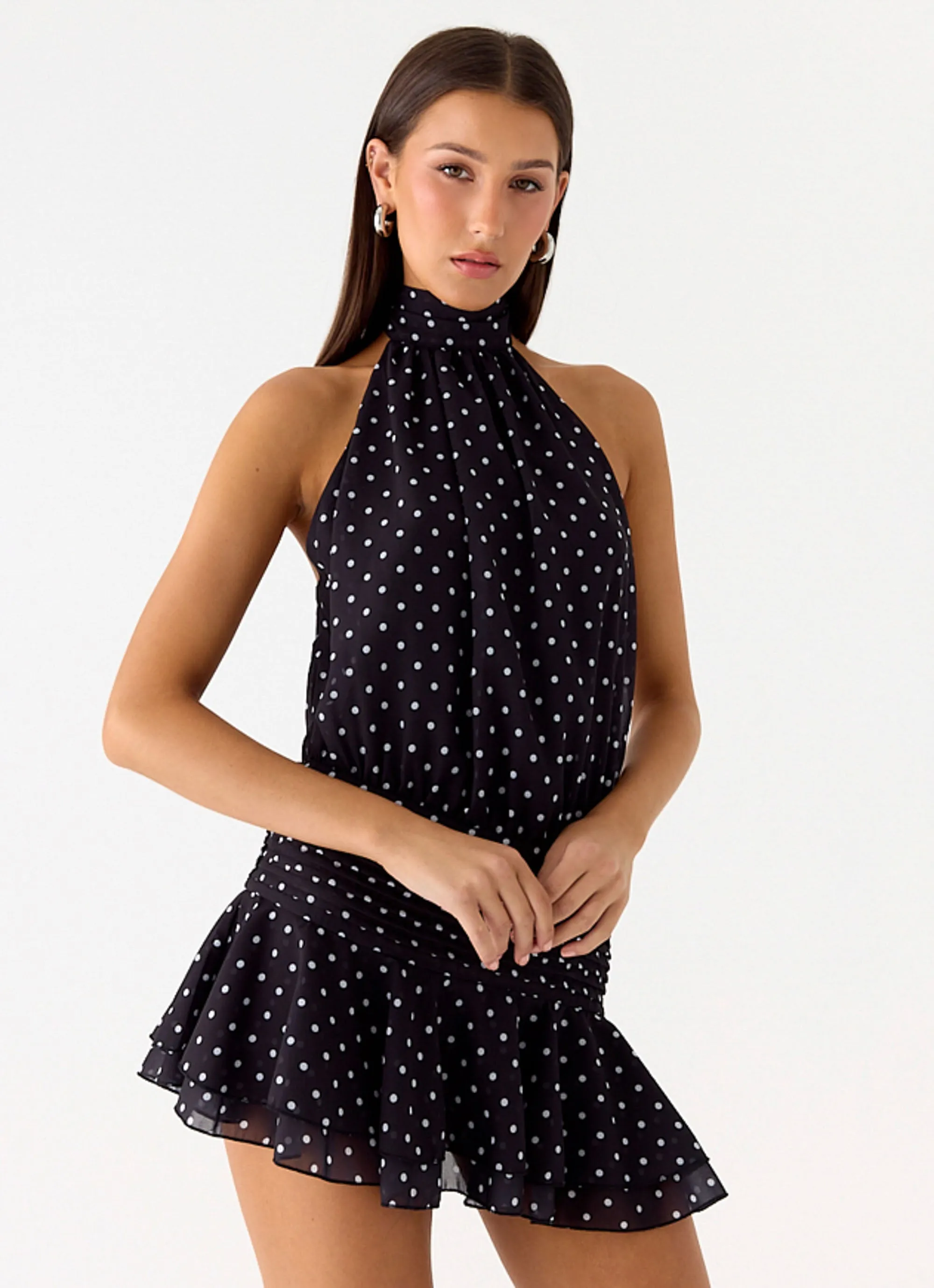 Checkered Print Willow Chiffon Mini Dress - Black Polkadot