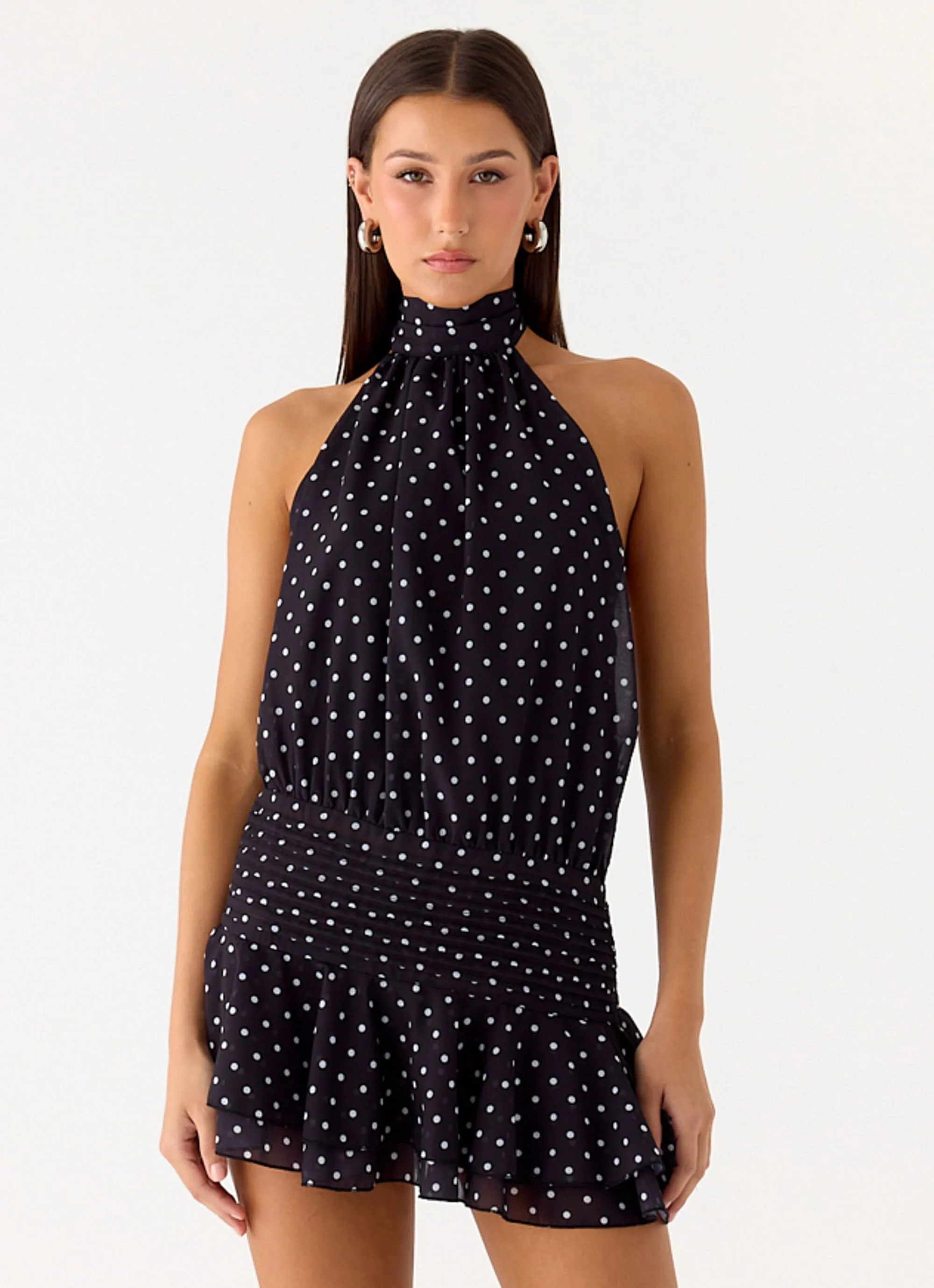 Low Maintenance Willow Chiffon Mini Dress - Black Polkadot
