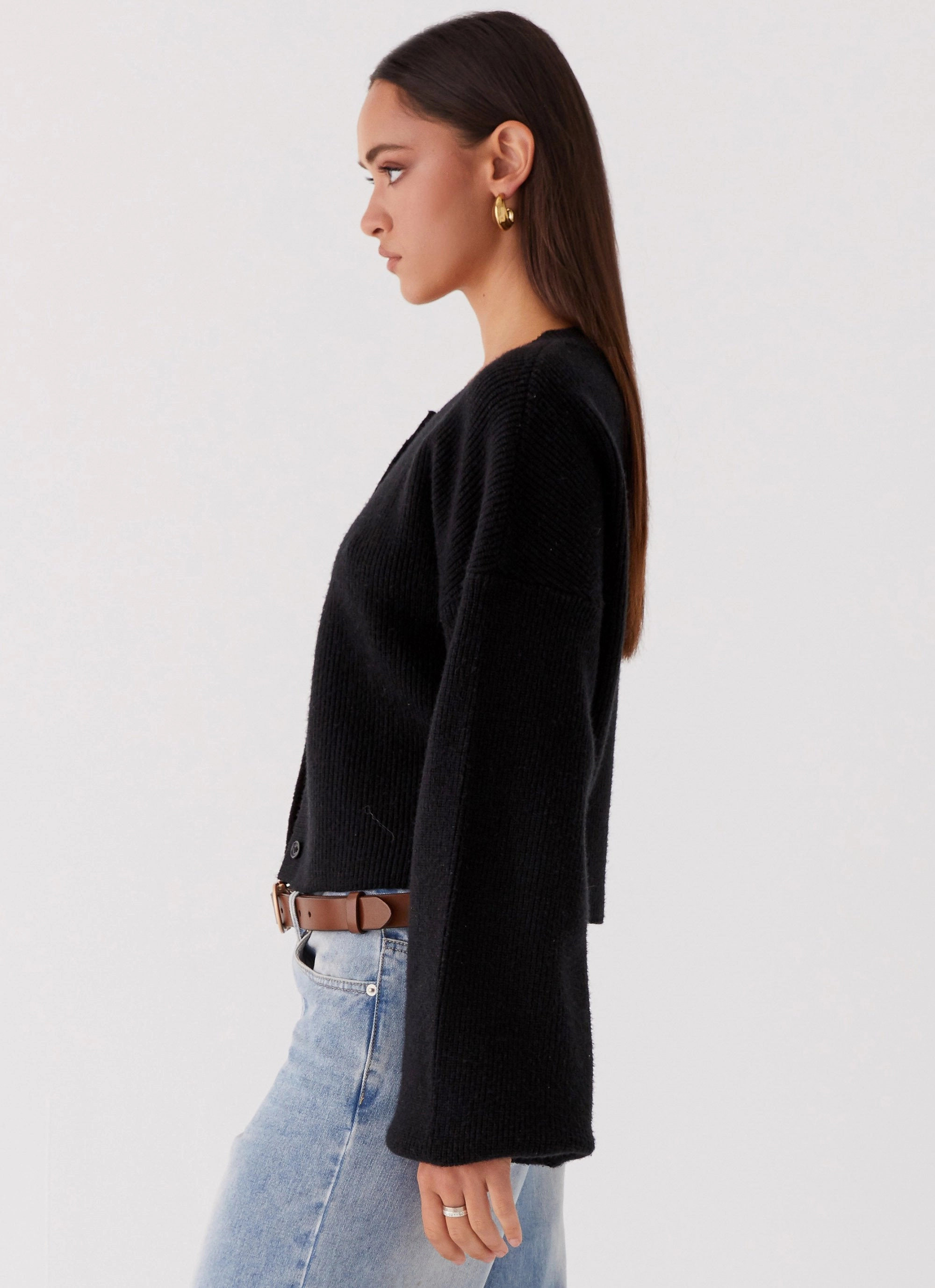 Daphne Knit Cardigan - Black RibbedHemline