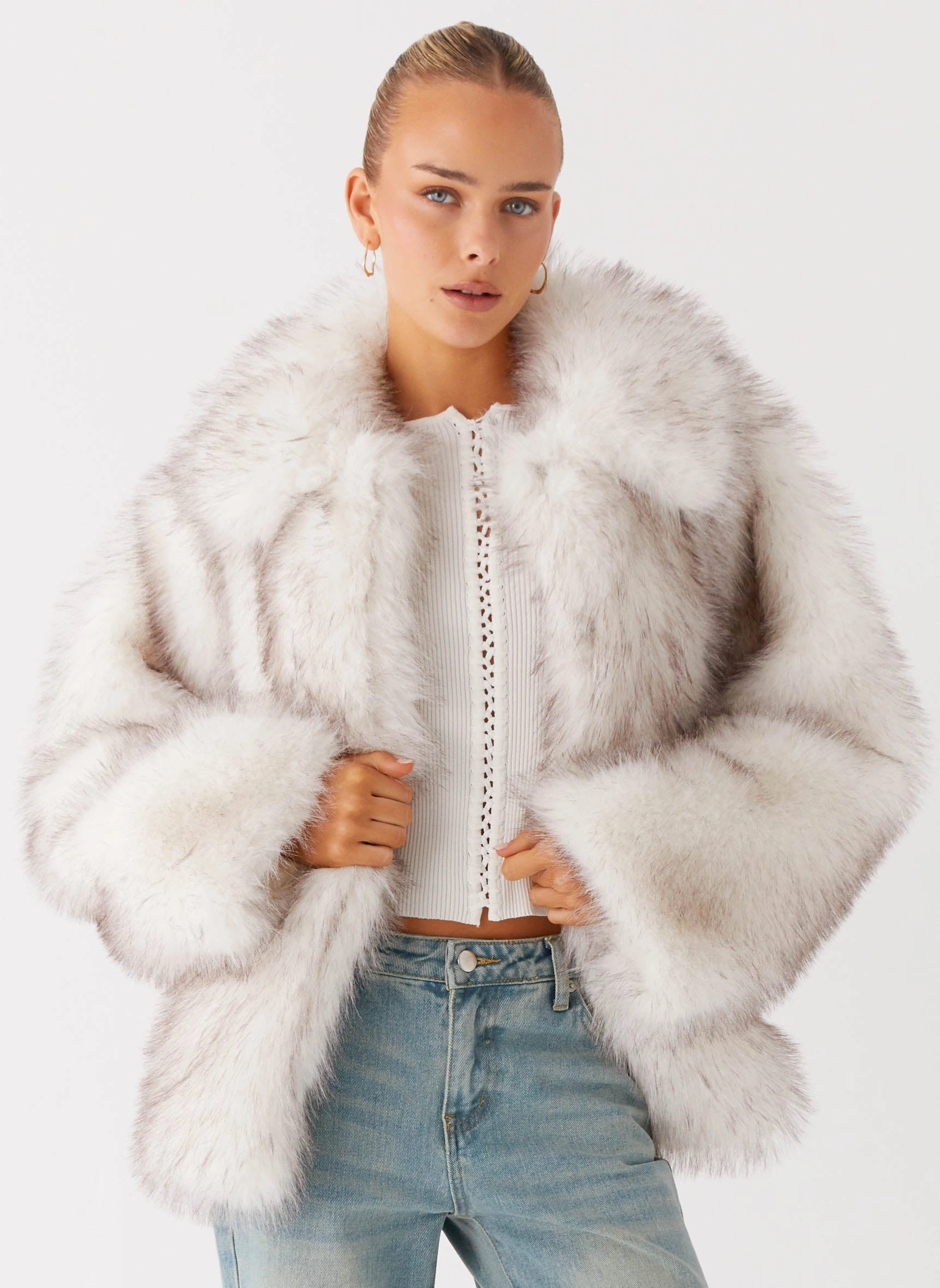 Novera Faux Fur Jacket - White Grey Enhanced Edge Binding