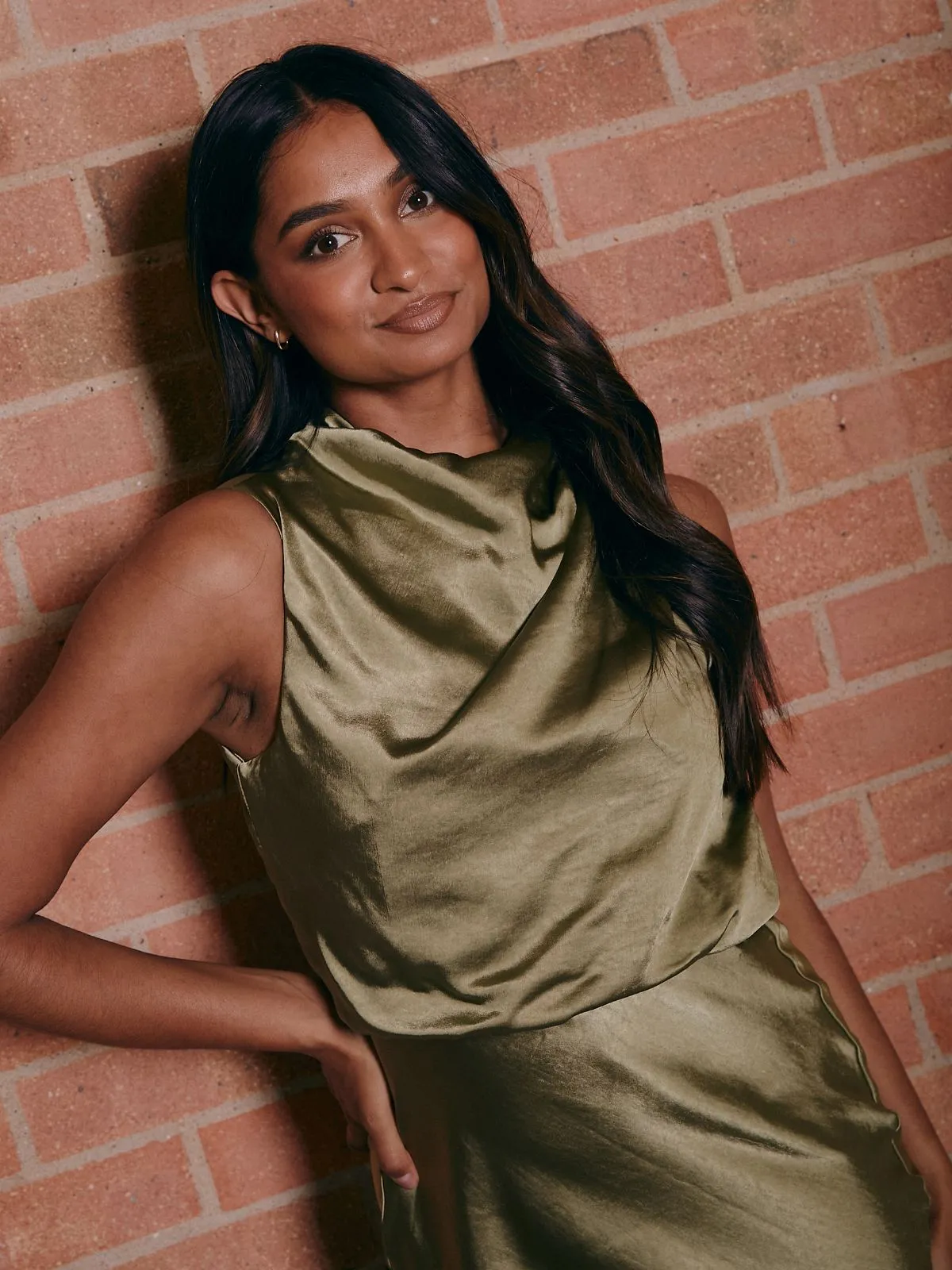 Drape Neck Maxi Satin Dress / Olive Romantic Soft Day Glow