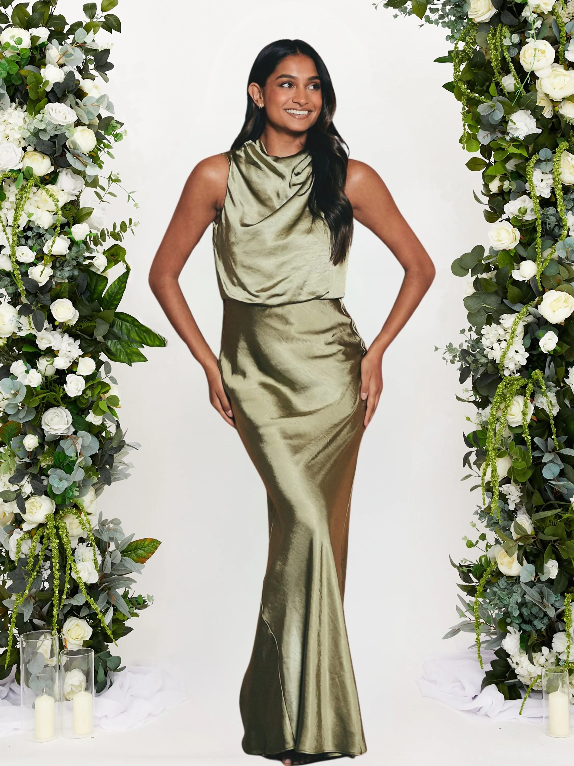 Drape Neck Maxi Satin Dress / Olive Quiet Luxury
