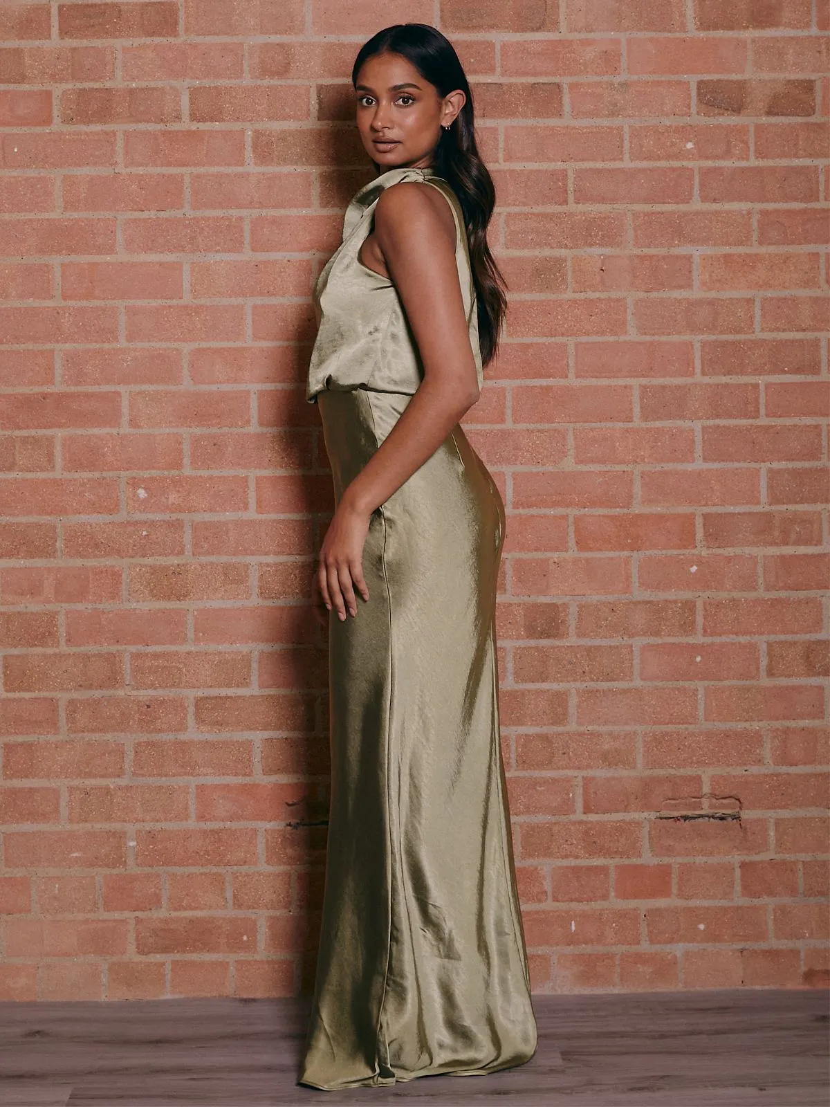 Playful touch Drape Neck Maxi Satin Dress / Olive