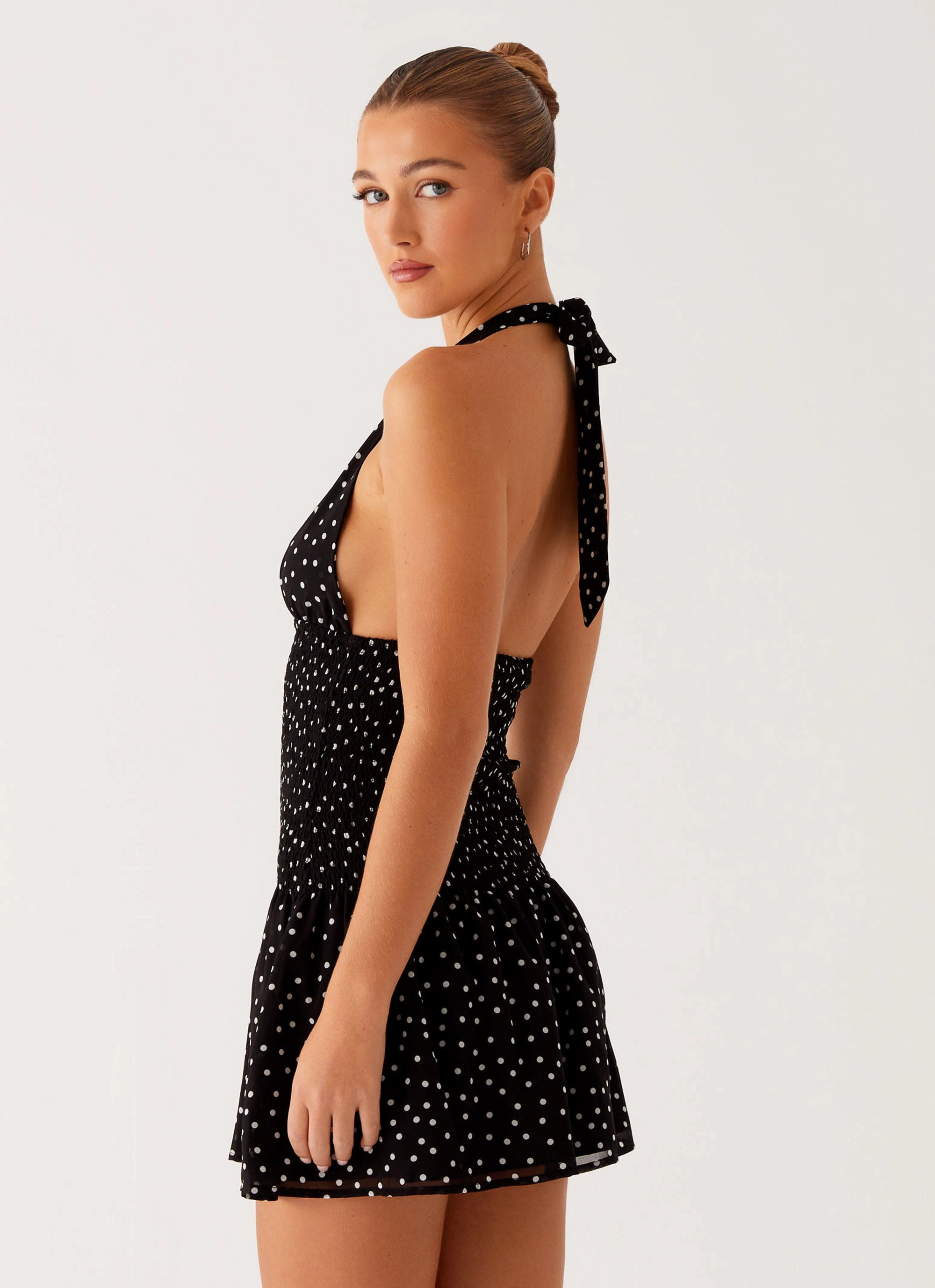 Holden Mini Dress - Black Polka Dot Soft Silhouette Satin Soft