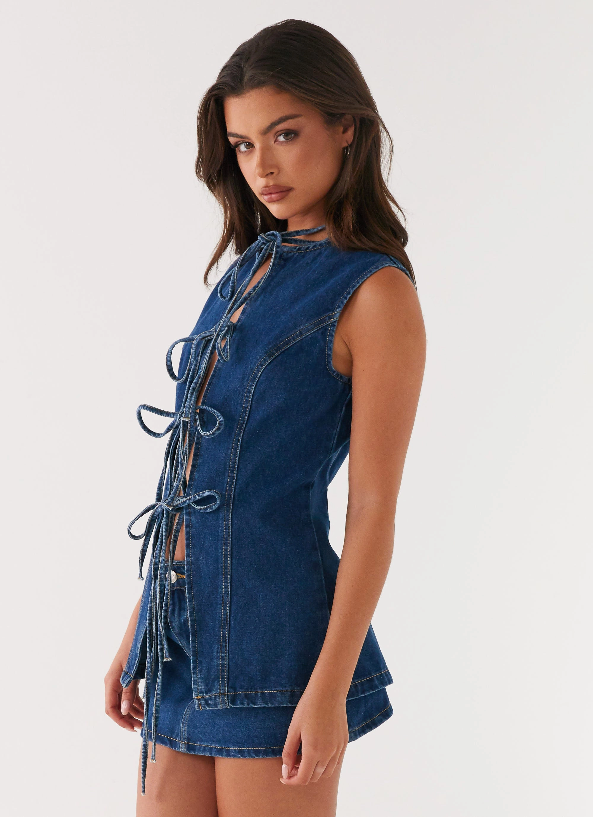 Multi Directional Zipper Placement Wish You Luck Denim Top - Dark Blue