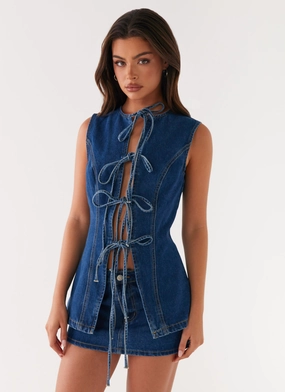 Wish You Luck Denim Top - Dark Blue Bonded Seam Technique