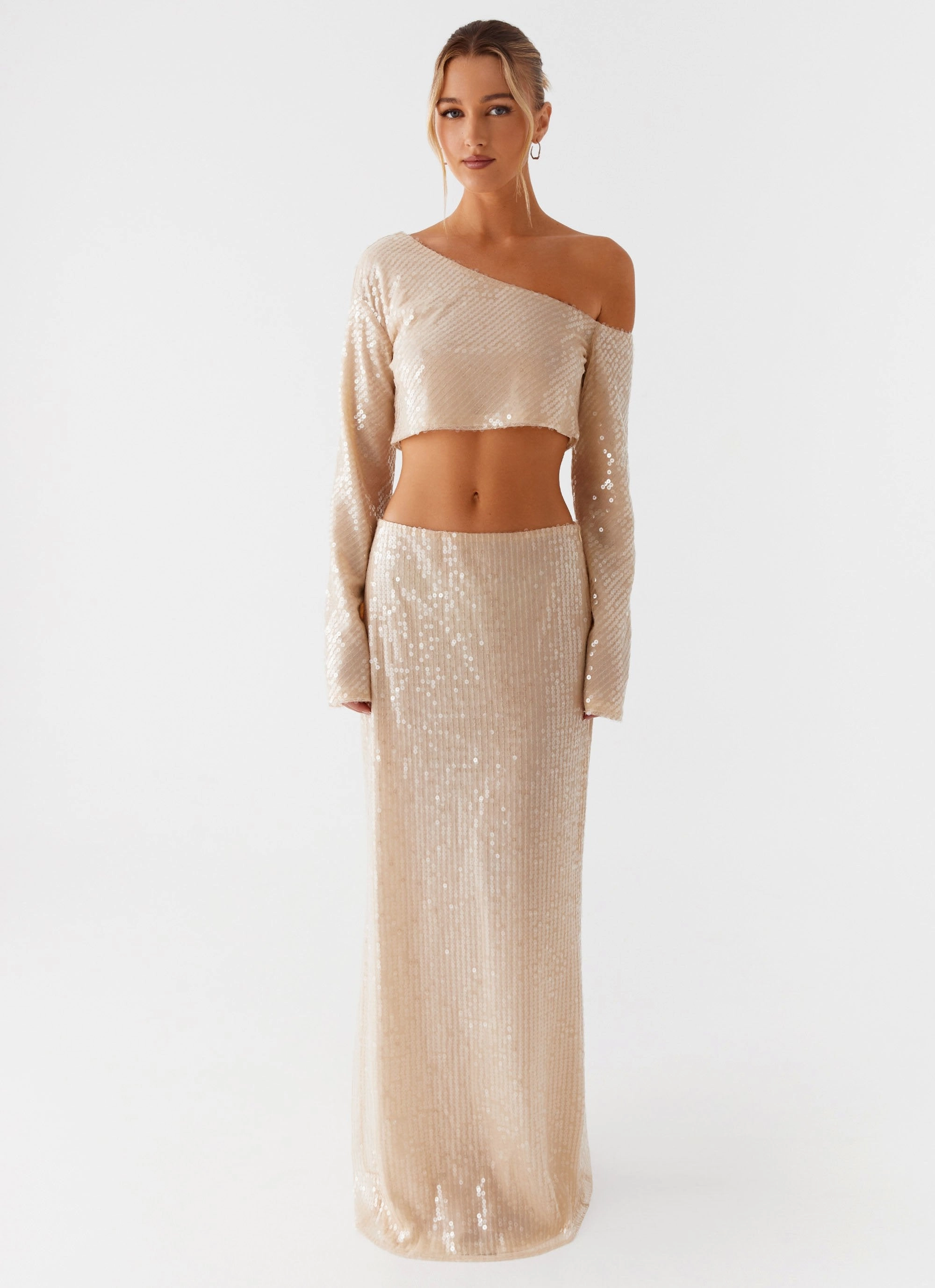 Wisteria Off Shoulder Long Sleeve Sequin Top - Champagne AthleisureInspired Full Coverage Fit