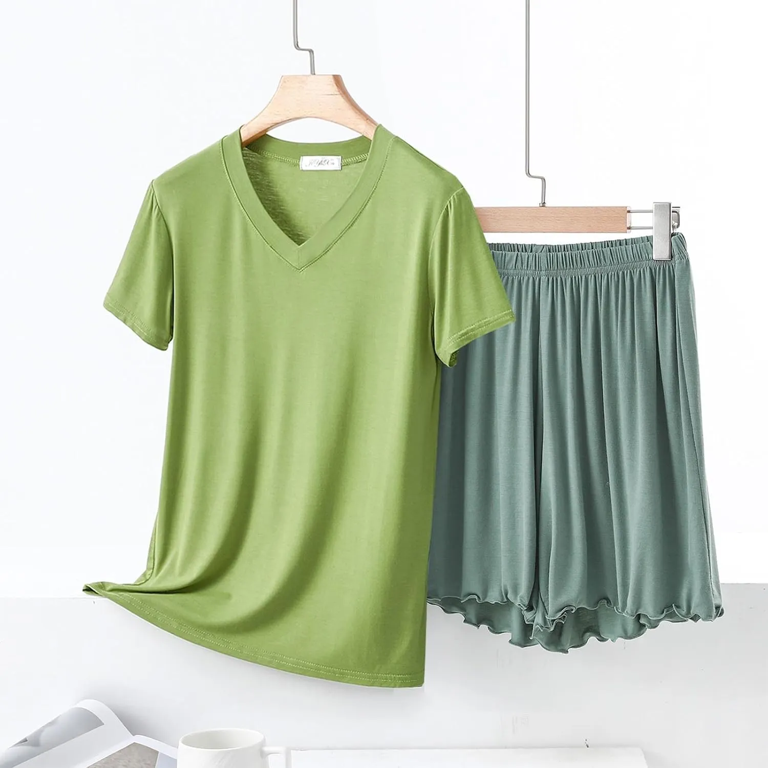 Women 2Piece Pajama Sets Modal Crew/V Neck Pjs Soft Short Sleeve Top and Shorts Sleepwear Soft Comfy Summer Lounge Set