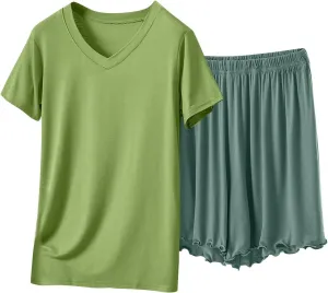 Women 2Piece Pajama Sets Modal Crew/V Neck Pjs Soft Short Sleeve Top and Shorts Sleepwear Soft Comfy Summer Lounge Set