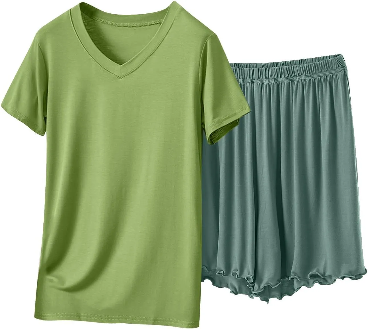 Women 2Piece Pajama Sets Modal Crew/V Neck Pjs Soft Short Sleeve Top and Shorts Sleepwear Soft Comfy Summer Lounge Set