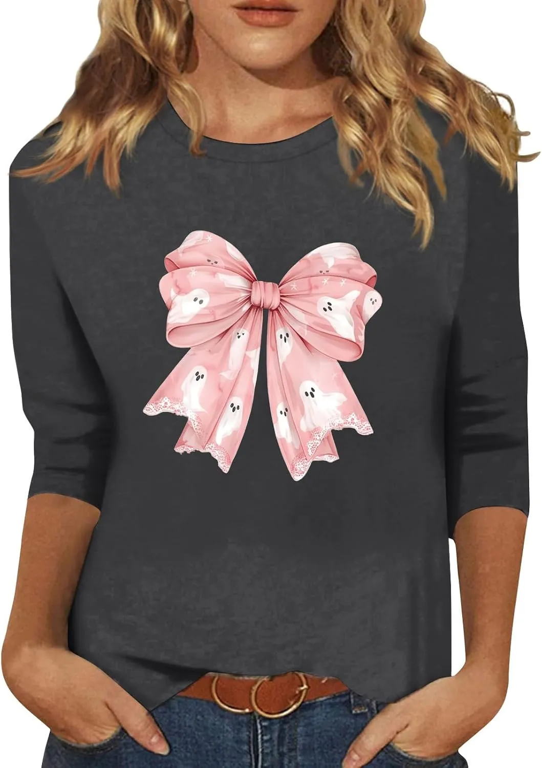 Women 3/4 Sleeve Shirts Tops Blouses Fashion Tunic Fall Clothes Casual Plus Size Basic Tops Pullover Halloween