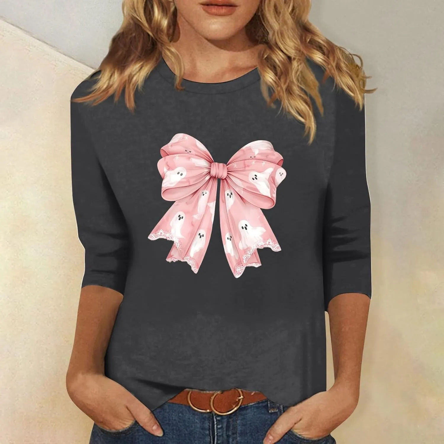 Women 3/4 Sleeve Shirts Tops Blouses Fashion Tunic Fall Clothes Casual Plus Size Basic Tops Pullover Halloween