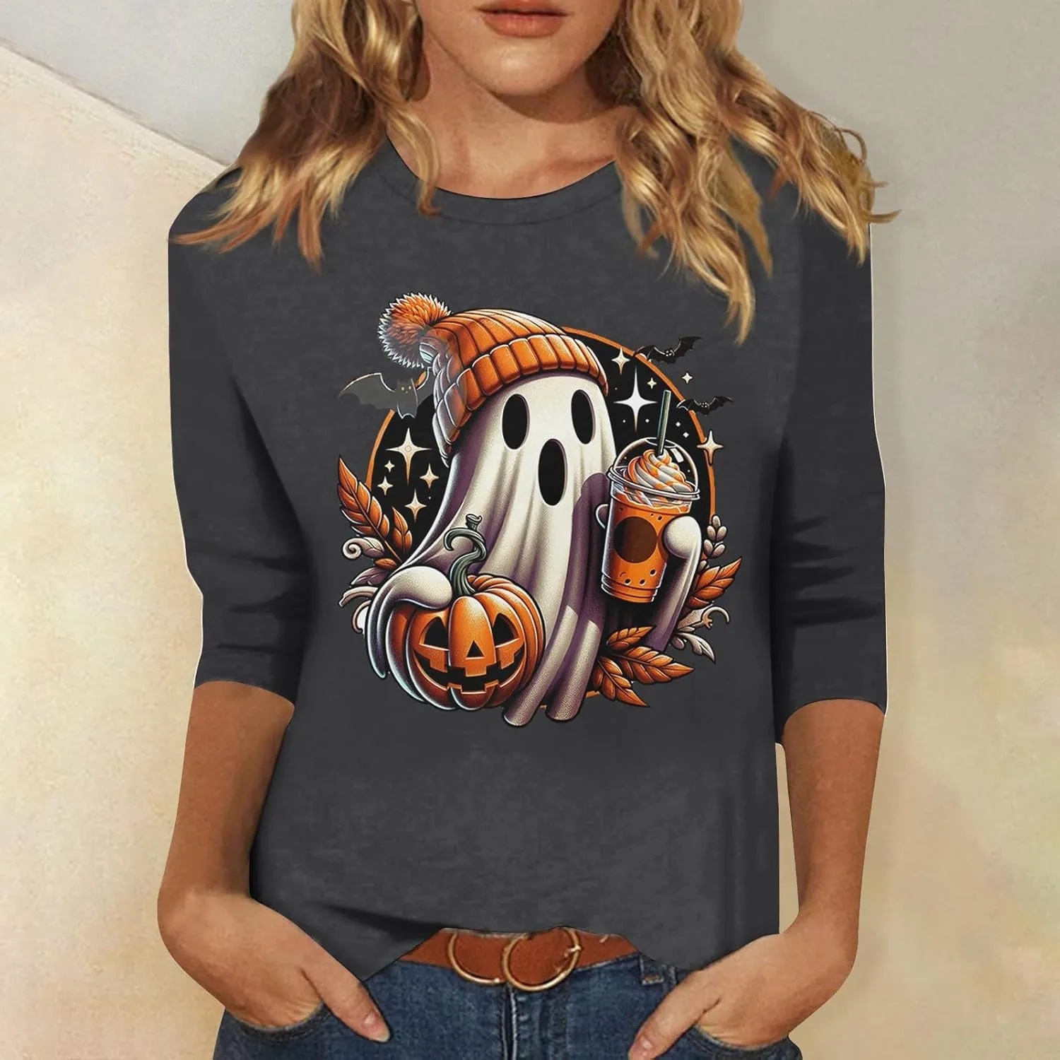 Women 3/4 Sleeve Shirts Tops Blouses Fashion Tunic Fall Clothes Casual Plus Size Basic Tops Pullover Halloween