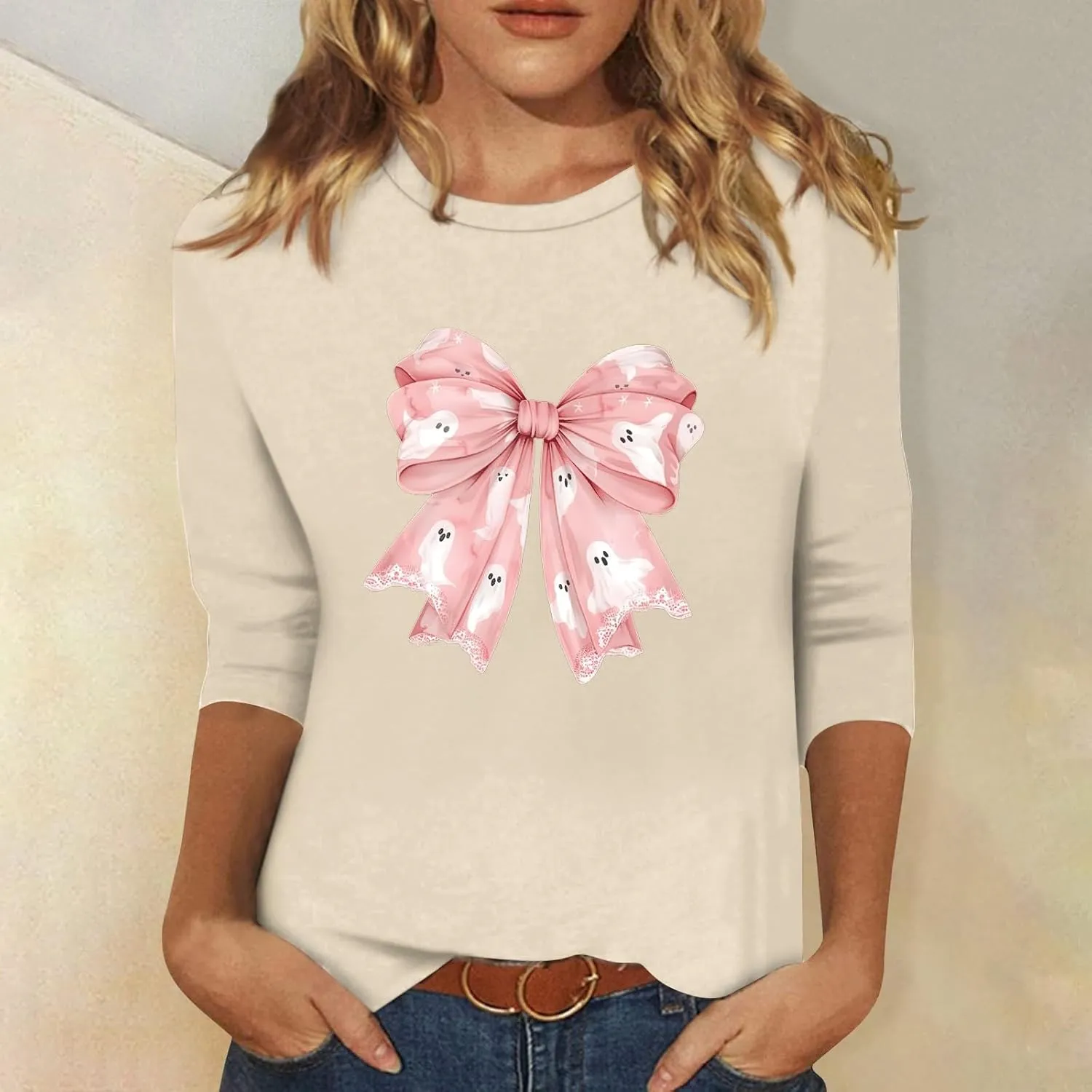 Women 3/4 Sleeve Shirts Tops Blouses Fashion Tunic Fall Clothes Casual Plus Size Basic Tops Pullover Halloween