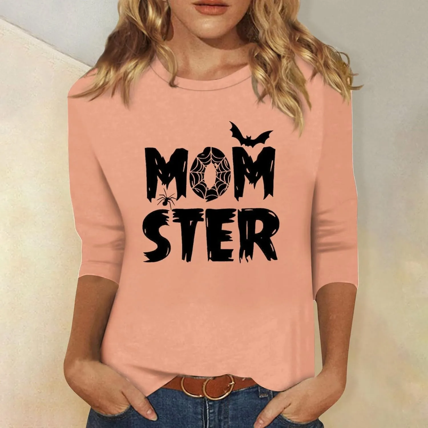 Women 3/4 Sleeve Shirts Tops Blouses Fashion Tunic Fall Clothes Casual Plus Size Basic Tops Pullover Halloween