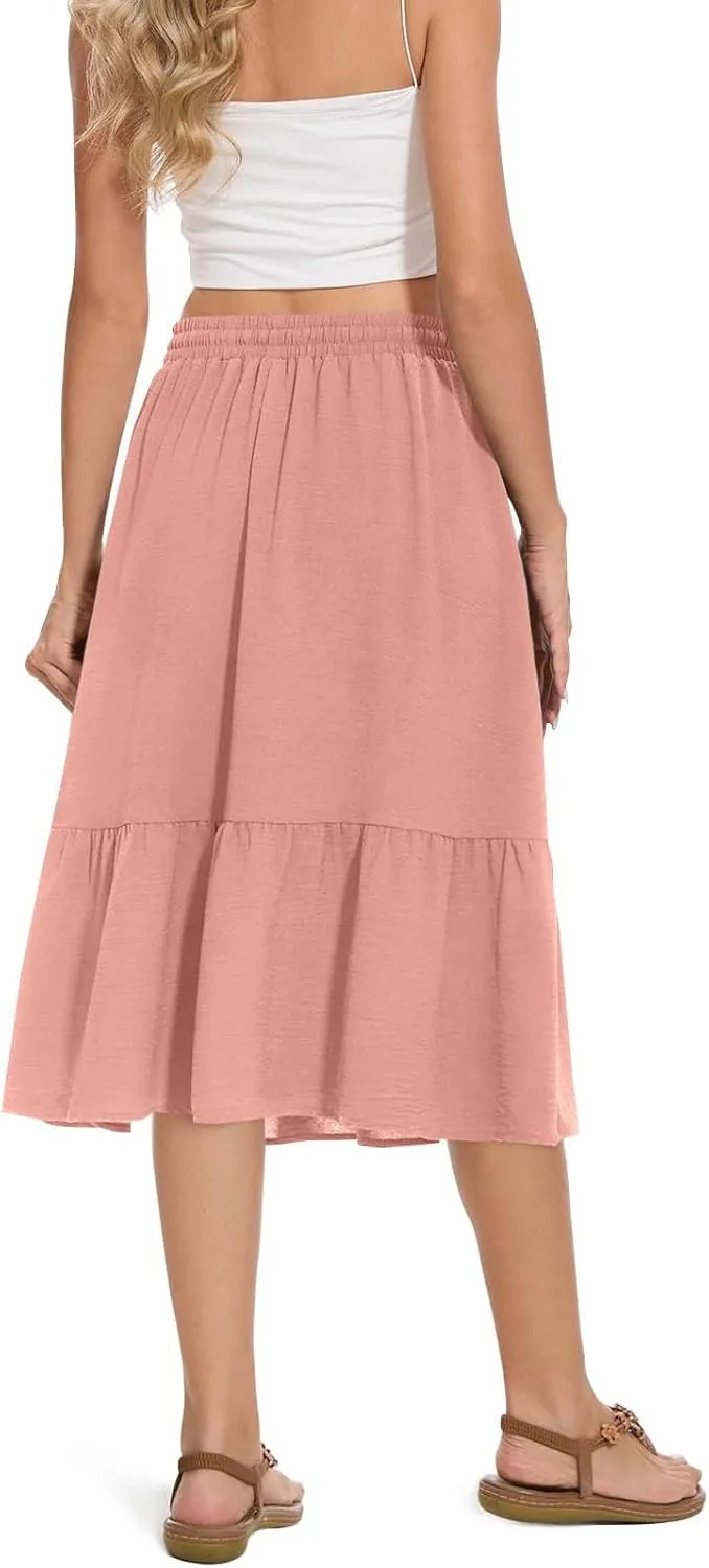 Women Beach Skirts with Pockets Elastic Waist Bohemian Midi Skirt Mid-Calf Length Ruffle Half Dress 2025 New